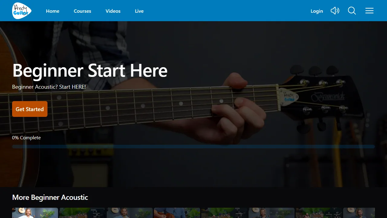 Andy Guitar — the Beginner Start Here course page with a Get Started button and the Beginner Level 1 to 7 lessons below