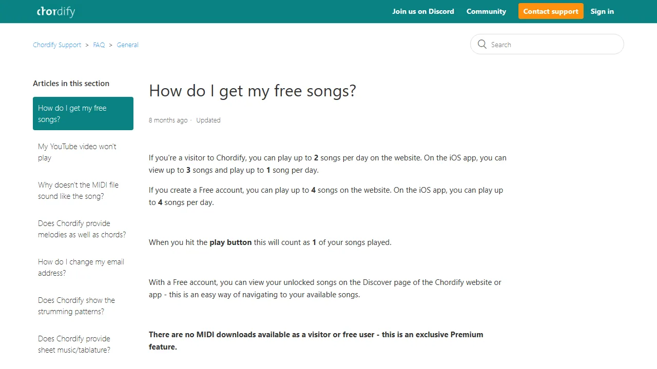 Chordify Support — the How do I get my free songs article, listing 2 songs per day for visitors and 4 with a free account