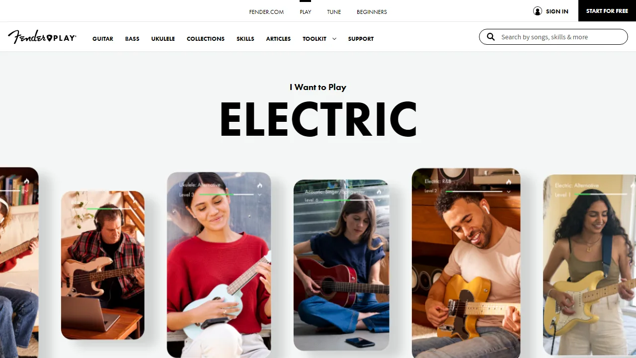 Fender Play — the public home page with a Start for free button and course previews for electric, acoustic, bass and ukulele