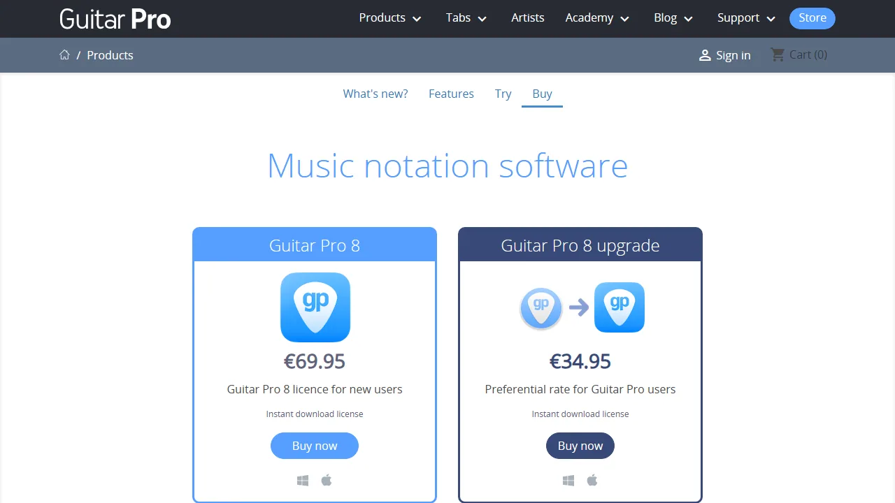 Guitar Pro — the official products page showing the Guitar Pro 8 licence for new users at €69.95 and the upgrade price