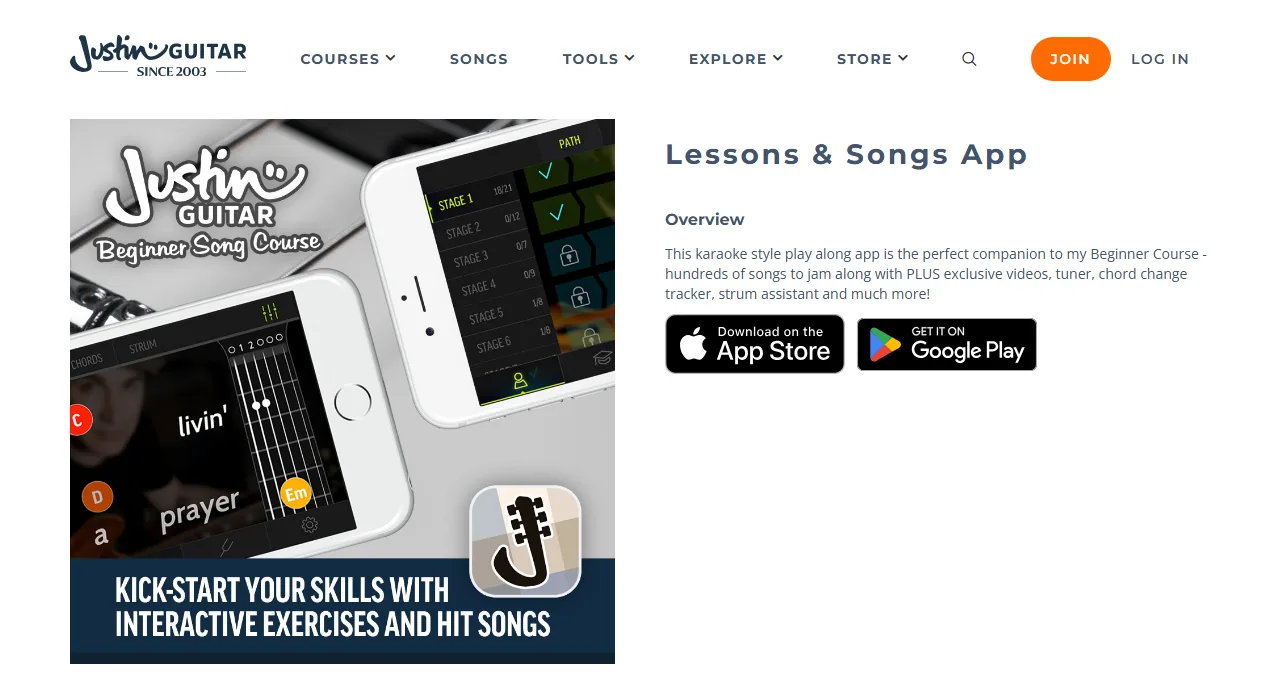 JustinGuitar — the Lessons & Songs App page with App Store and Google Play download buttons