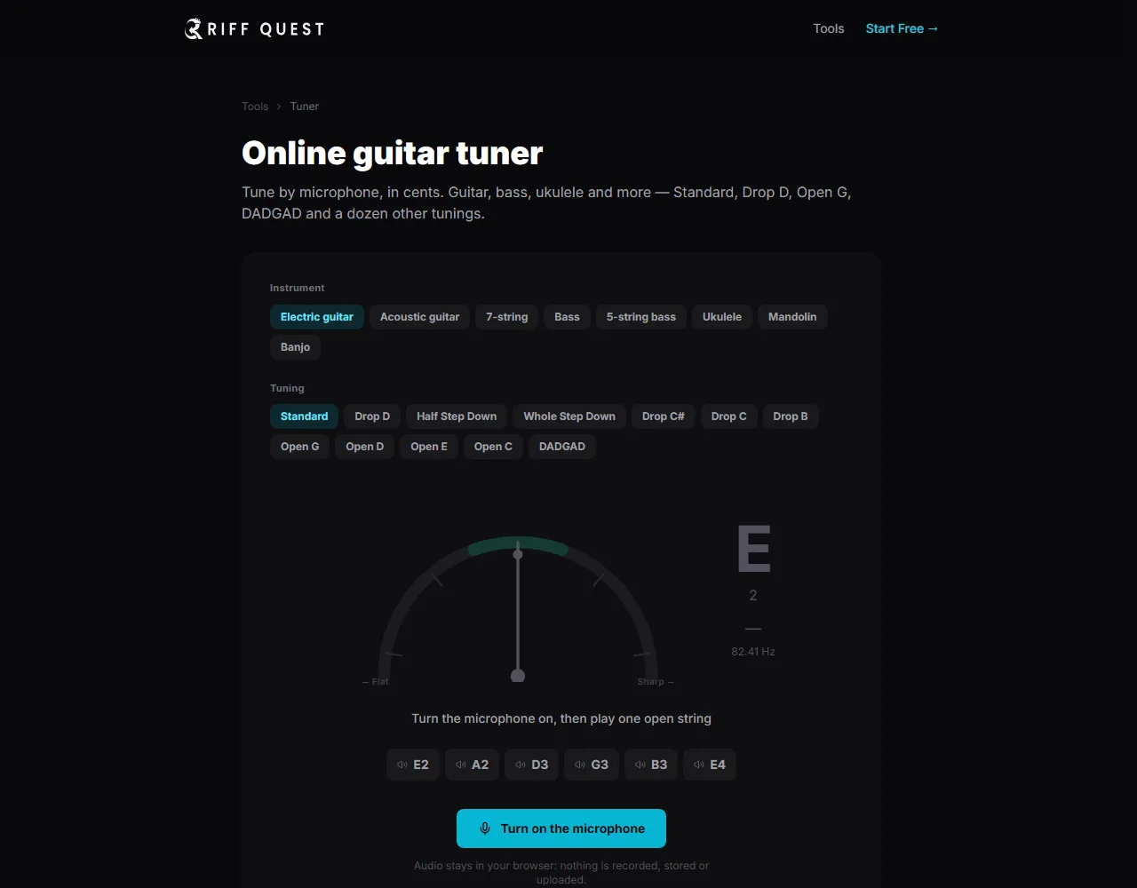 Riff Quest — the online guitar tuner with instrument and tuning selectors, a needle in cents and a button to turn on the microphone