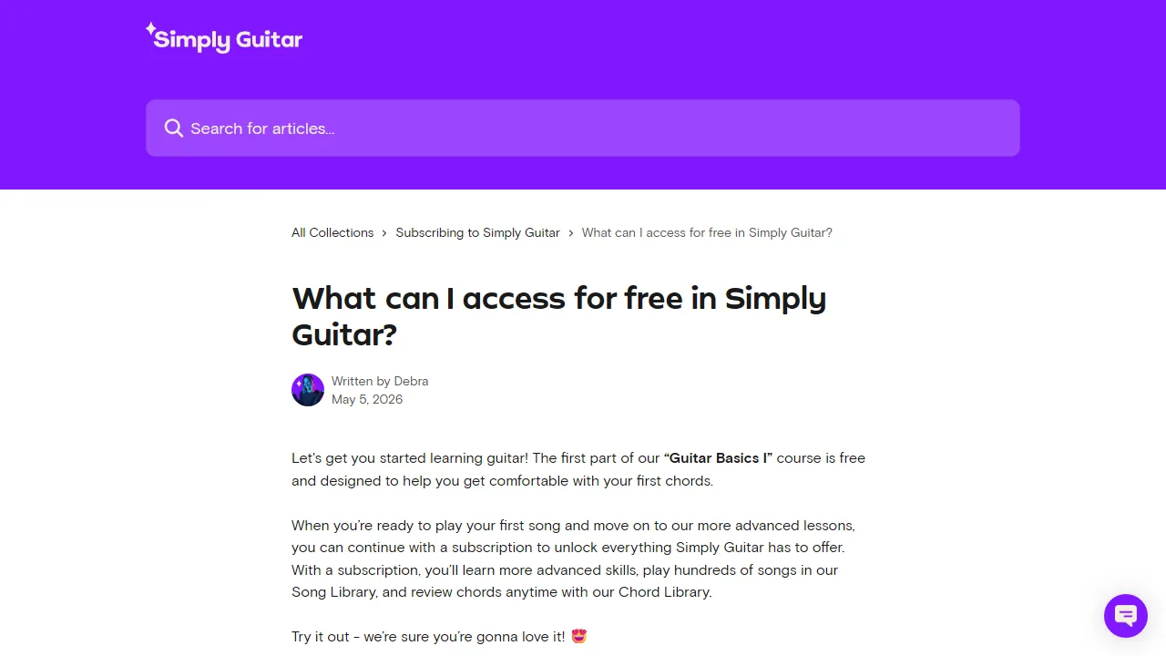 Simply Guitar Help Center — the article What can I access for free in Simply Guitar, stating that the first part of the Guitar Basics I course is free