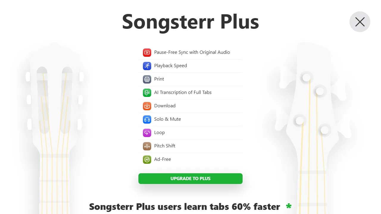 Songsterr Plus — the feature list: pause-free sync with original audio, playback speed, print, AI transcription of full tabs, download, solo and mute, loop, pitch shift and ad-free