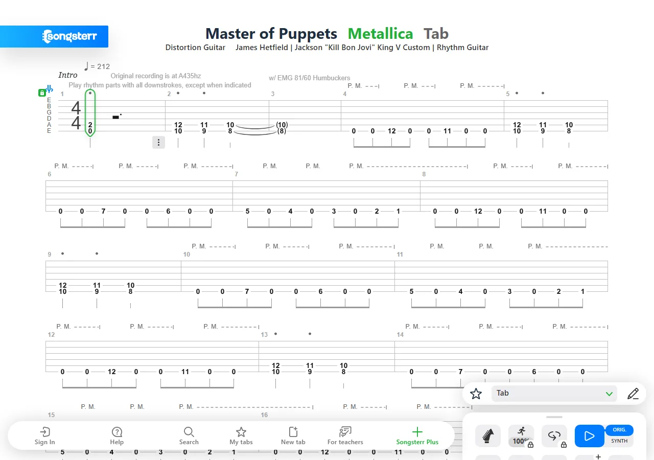 Songsterr — a Master of Puppets tab with the playback speed and loop buttons showing a lock icon