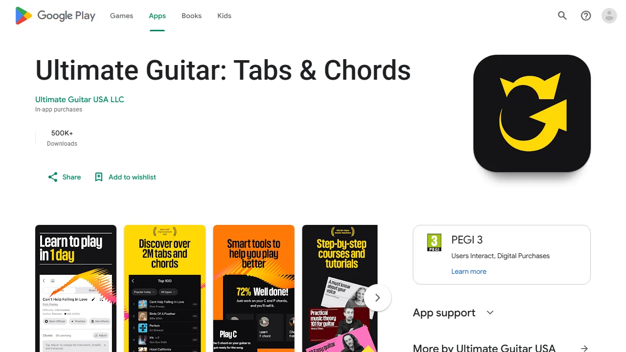 Google Play — the Ultimate Guitar: Tabs & Chords listing with an In-app purchases label and app screenshots