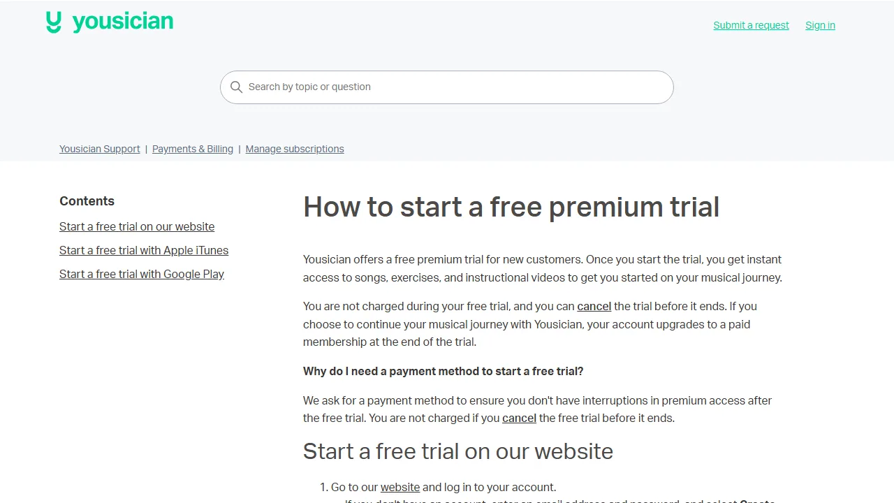 Yousician Support — the article How to start a free premium trial, explaining why a payment method is requested and that the account upgrades to a paid membership when the trial ends