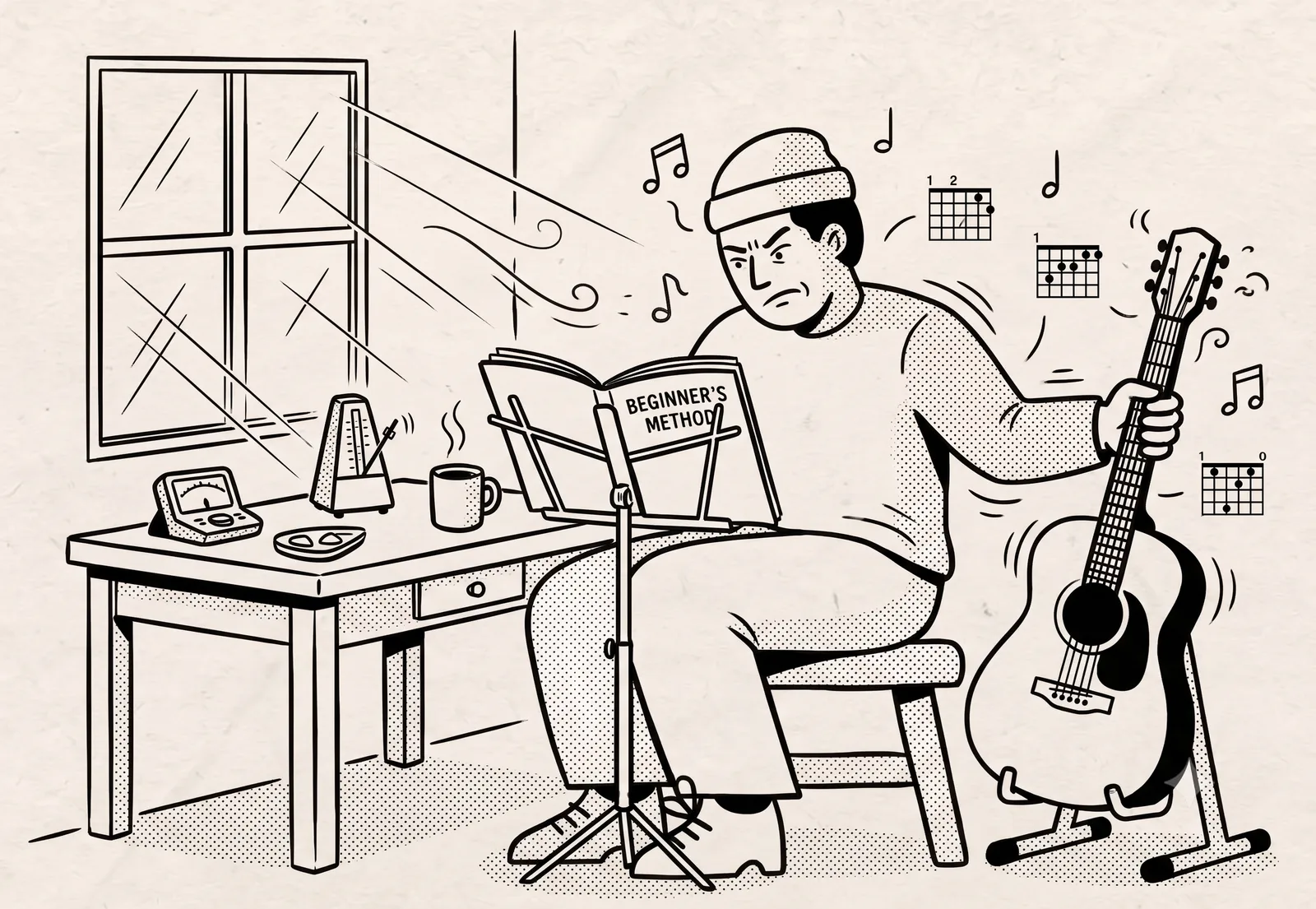 Beginner guitarist practicing at a desk with a tuner, metronome, and method book on a stand