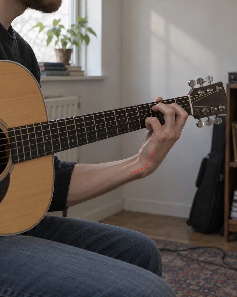 Close-up of a fretting hand on an acoustic guitar neck with the wrist bent sharply toward the fretboard