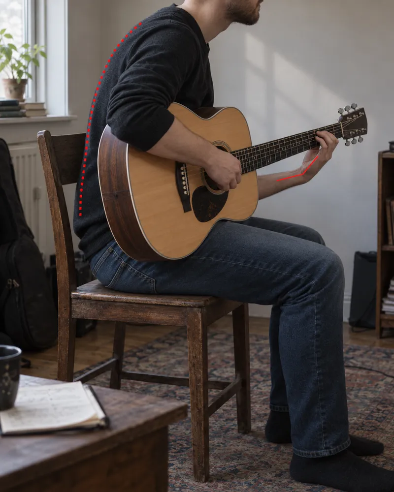 Seated guitarist slouched forward over an acoustic guitar with the spine curved and the fretting wrist bent, the two most common beginner posture faults
