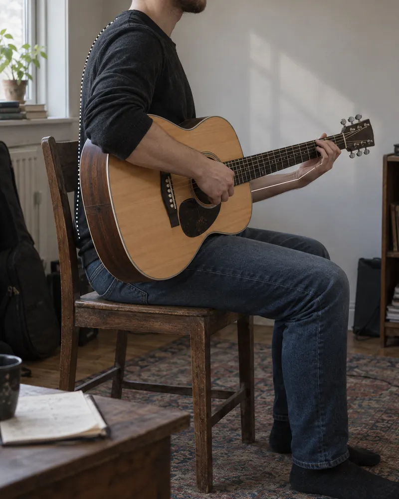 The same seated guitarist with a straight back and a neutral fretting wrist, the posture a practice routine should default to