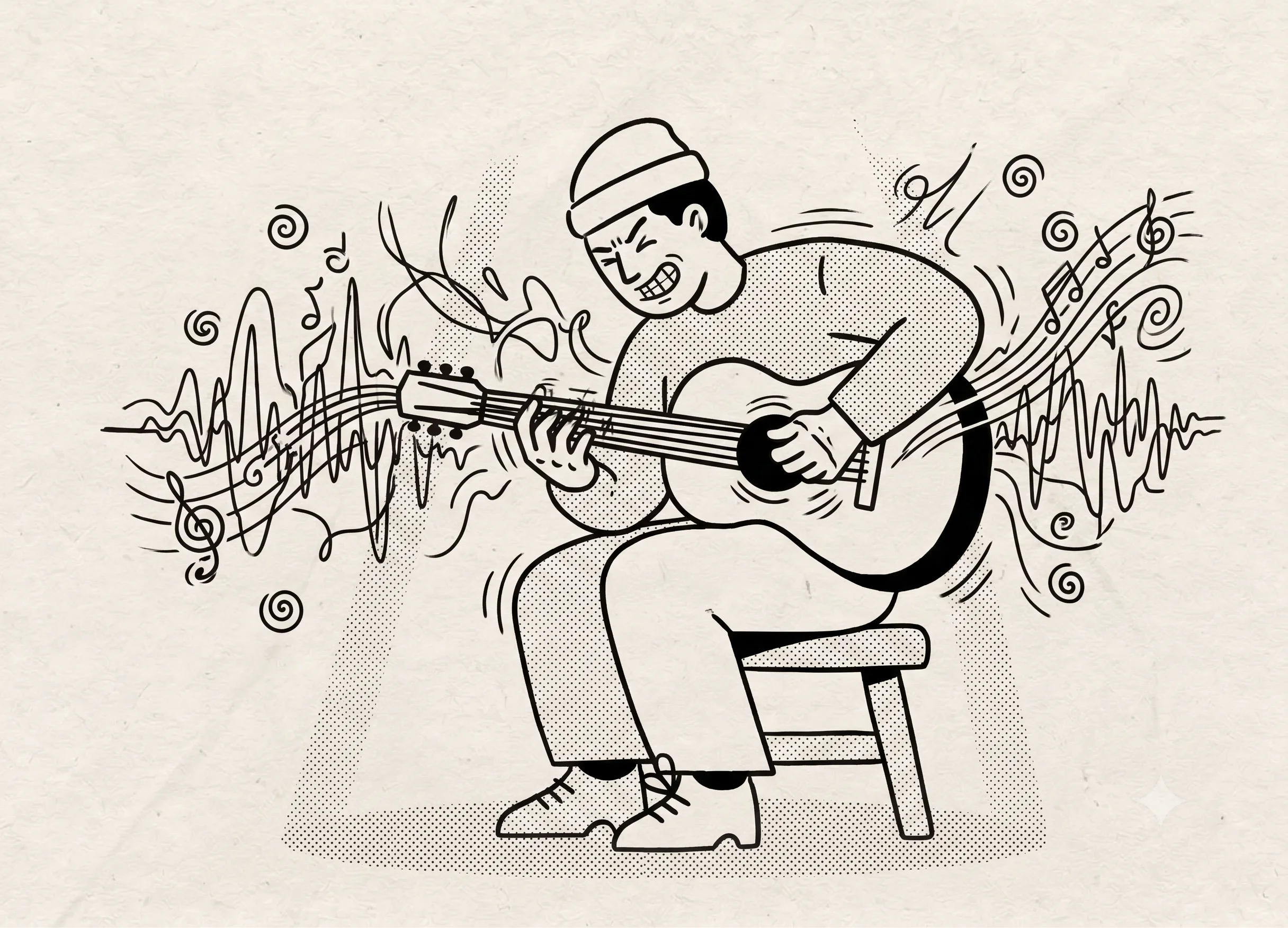 Illustration of a guitarist sitting and playing an acoustic guitar with musical notes around them