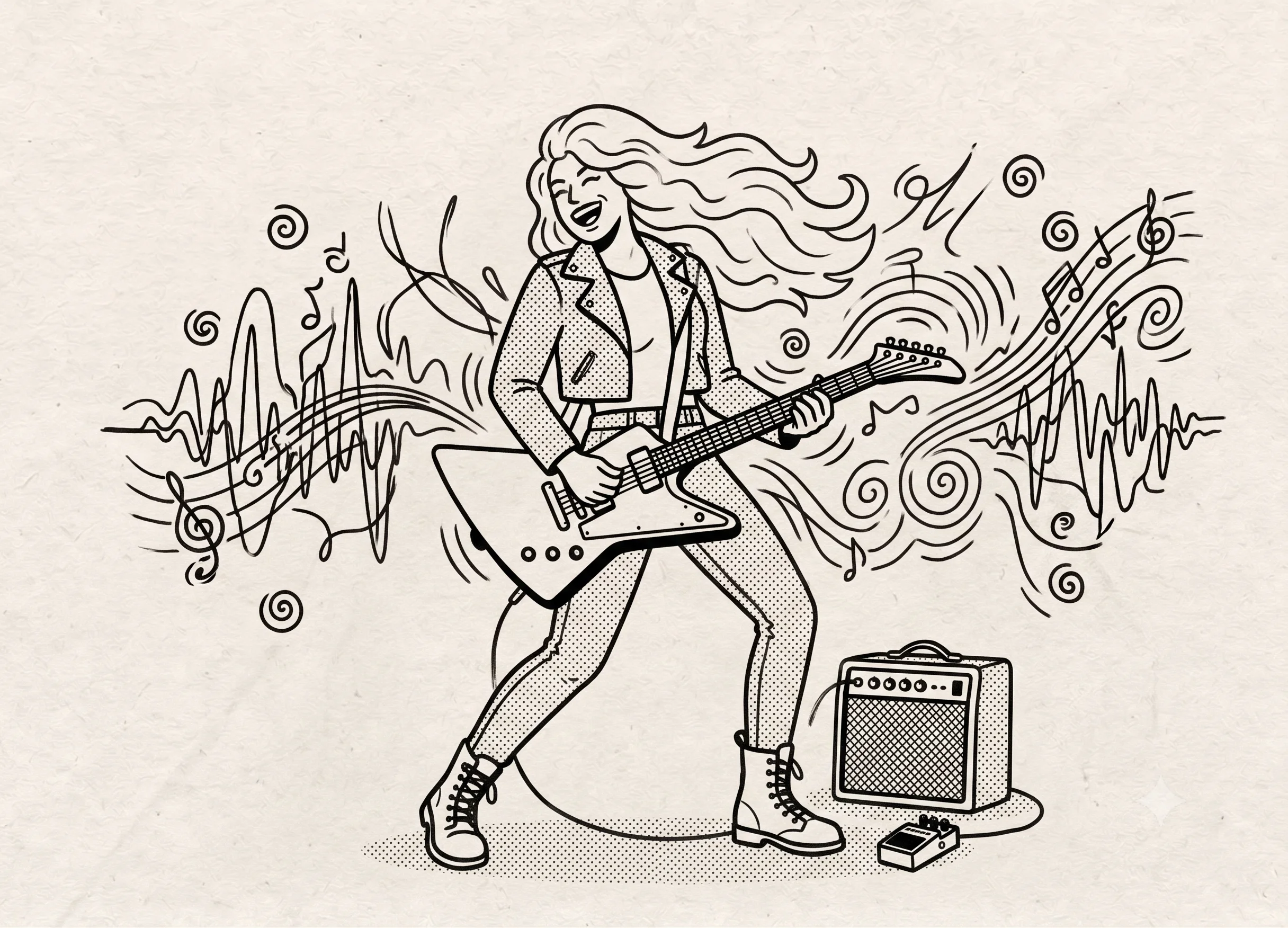 Illustration of a guitarist performing with an electric guitar and amplifier, surrounded by musical notes