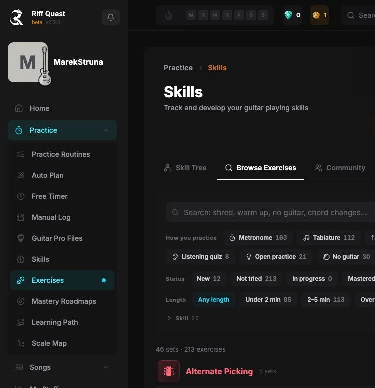 Riff Quest — the exercise library with filters for practice method, status and duration