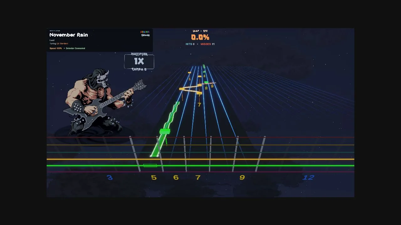 StringTheory — the Highway3D view with notes on the strings and fret numbers