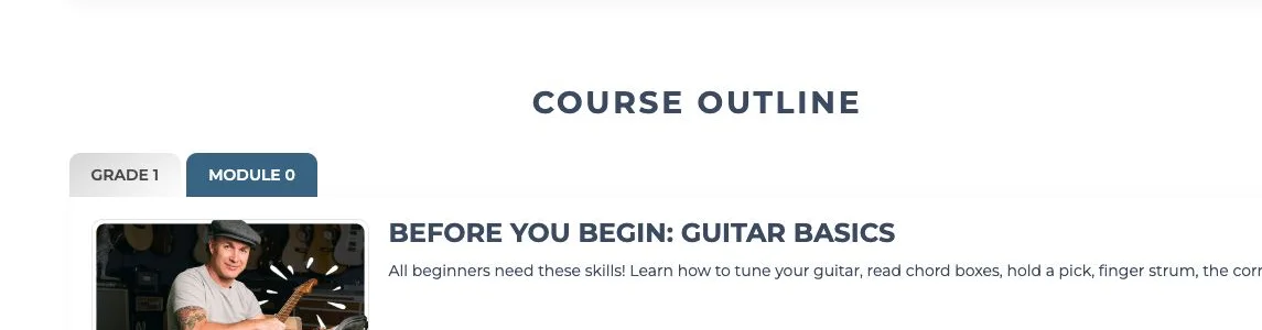 JustinGuitar — the Grade 1 course outline with the Module 0 guitar basics lessons