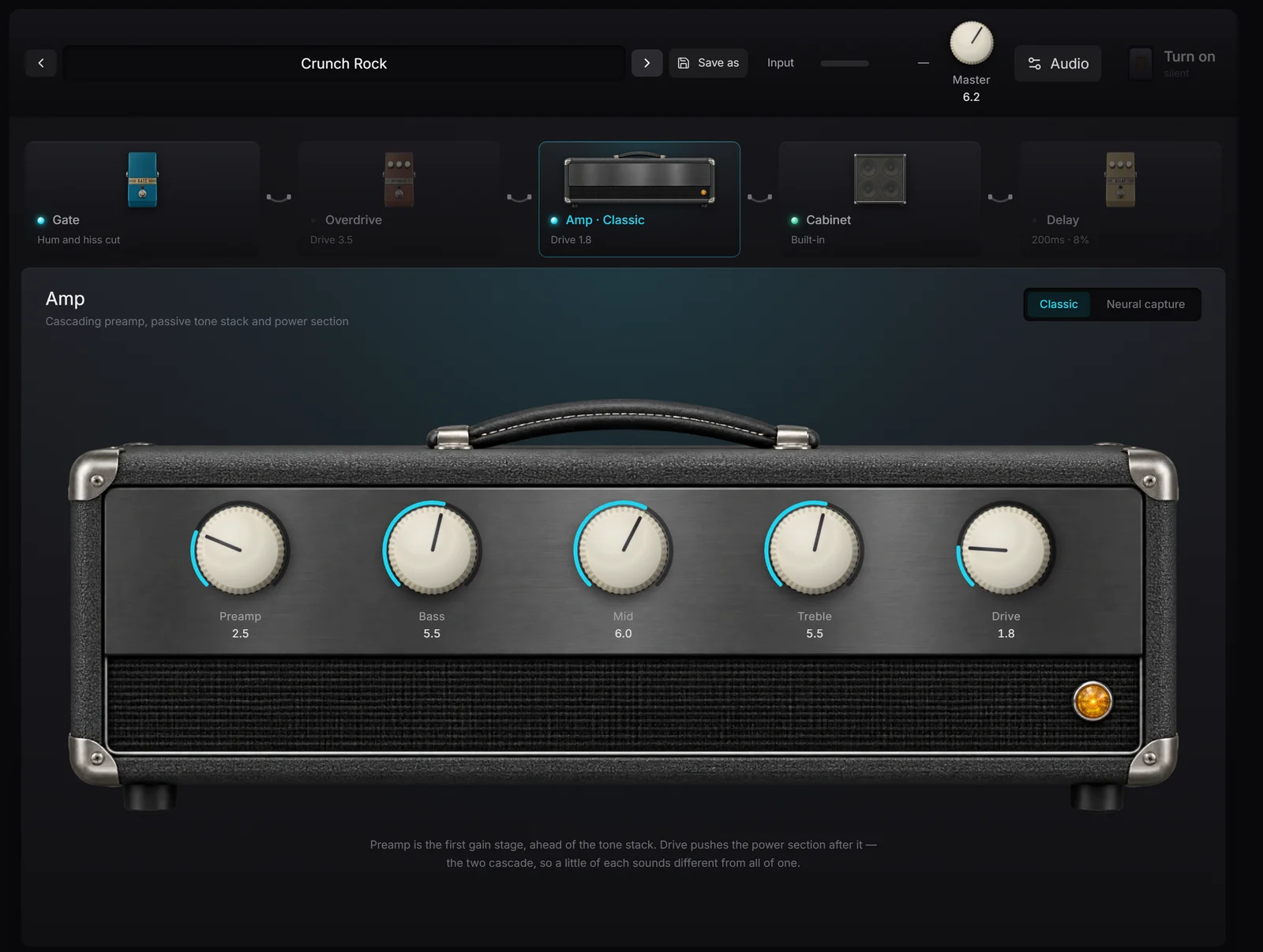 Tone Studio in the Riff Quest desktop app: the Crunch Rock preset loaded, the signal chain Gate, Overdrive, Amp, Cabinet and Delay along the top, and the classic amp head with preamp, bass, mid, treble and drive knobs