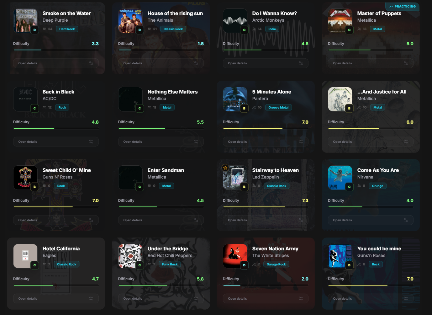 Song library with community difficulty ratings and genre filters