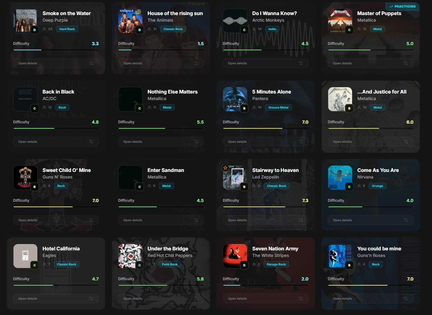 Song library with community difficulty ratings and genre filters