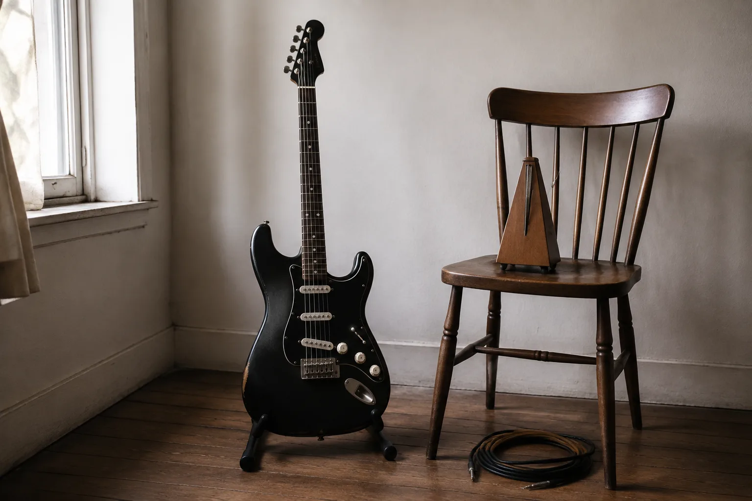 A black electric guitar on a stand beside a wooden chair holding a mechanical metronome, with a coiled cable on the floor