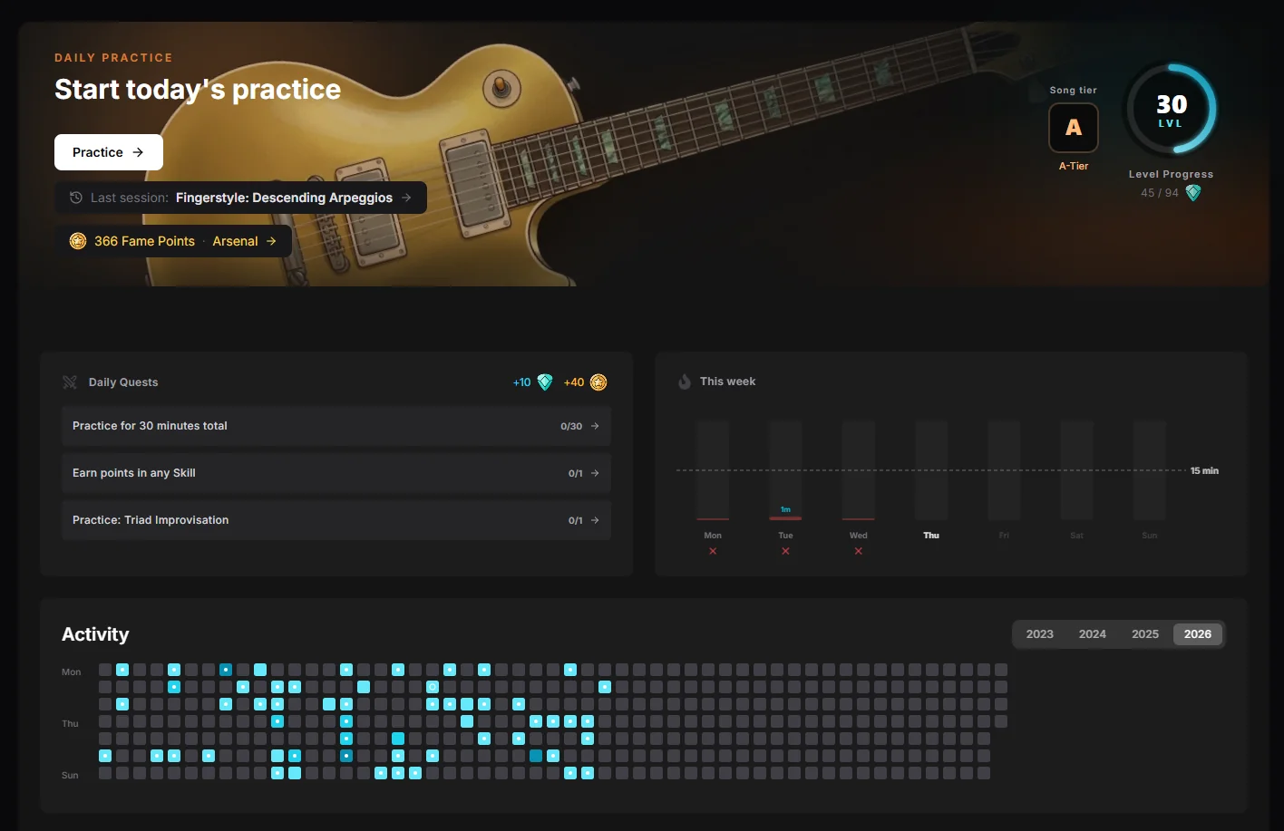 Riff Quest dashboard with daily practice, quests and activity heatmap