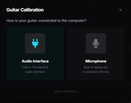 Guitar Calibration dialog asking how the guitar is connected, with two options: Audio Interface and Microphone