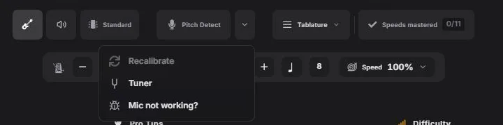 The session toolbar with the Pitch Detect button and its menu open: Recalibrate, Tuner, Mic not working?