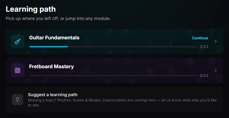 The Learning path screen in Riff Quest: Guitar Fundamentals at 3 of 13 steps with Continue, Fretboard Mastery at 0 of 23, and a note that Rhythm, Scales & Modes and Improvisation are coming next
