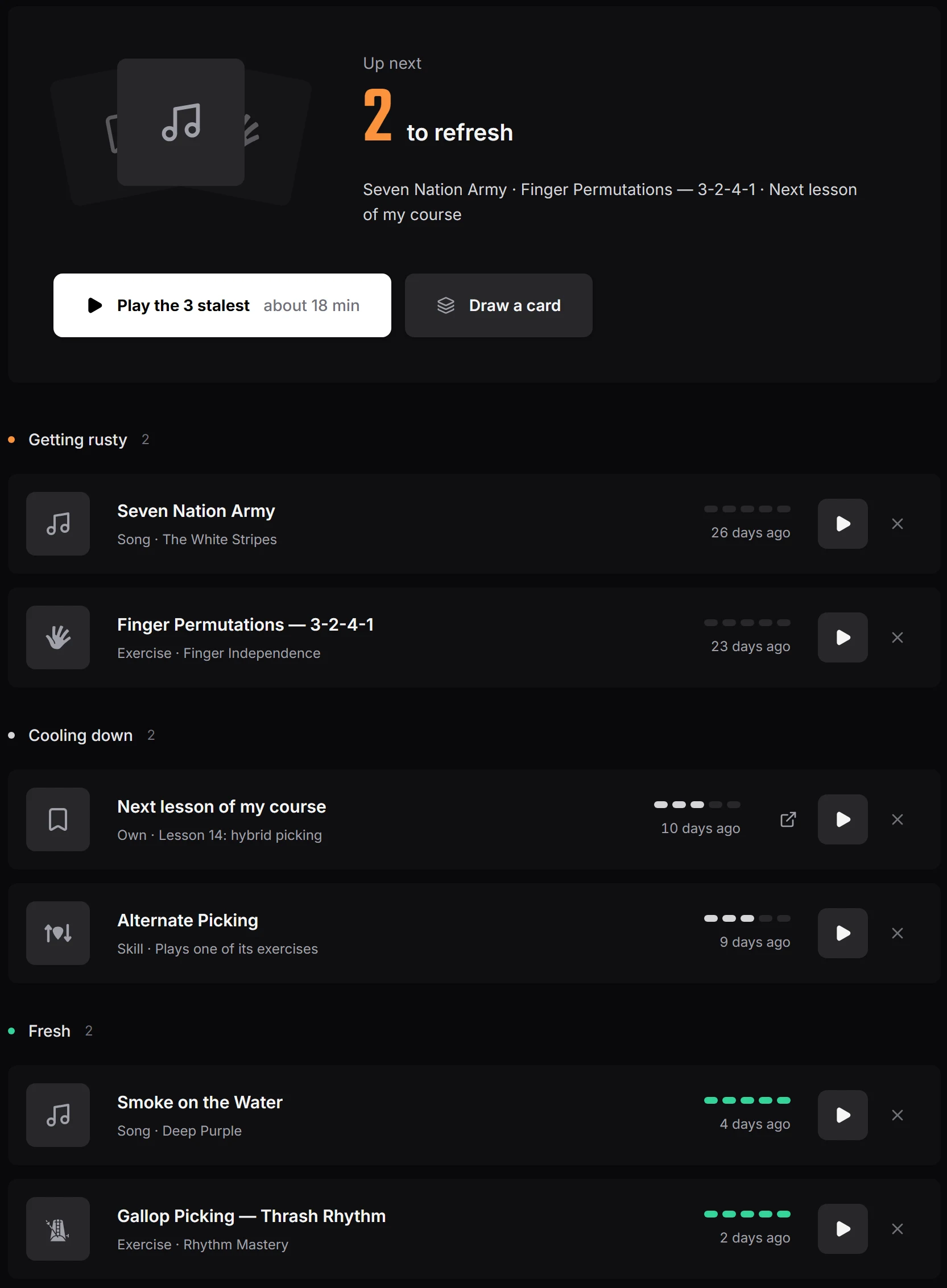 A rotation in Riff Quest: Up next with two items to refresh, a Play the 3 stalest button, then two songs and exercises grouped as getting rusty, cooling down and fresh, each with five freshness dots and when it was last played