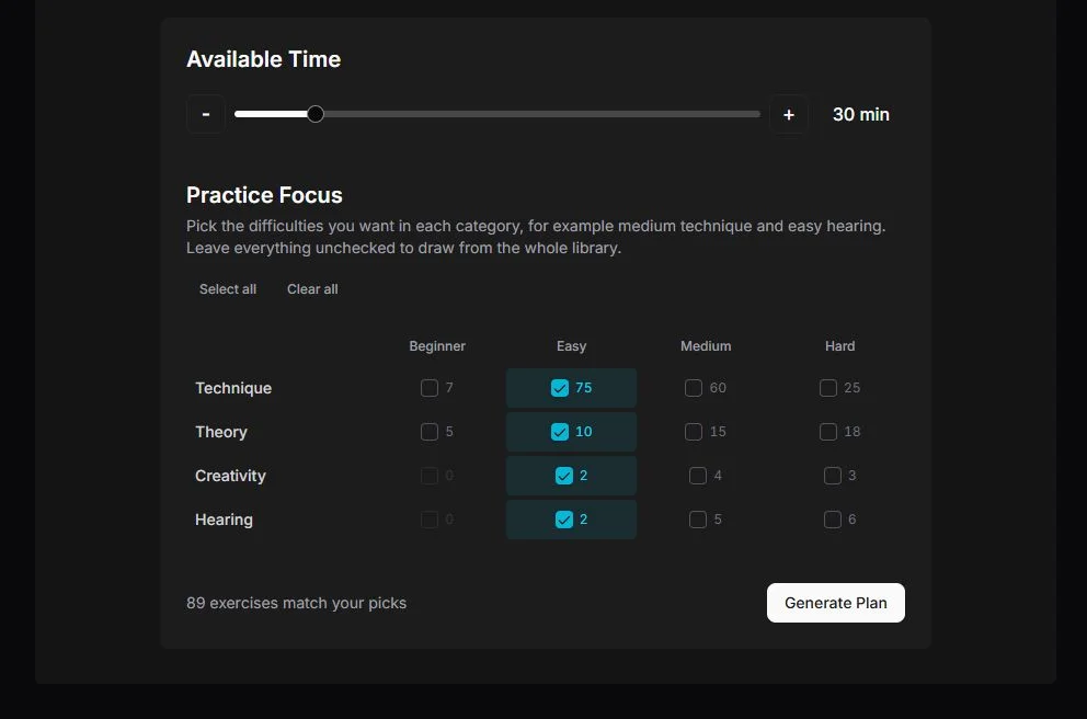 Auto Plan duration and category difficulty filters