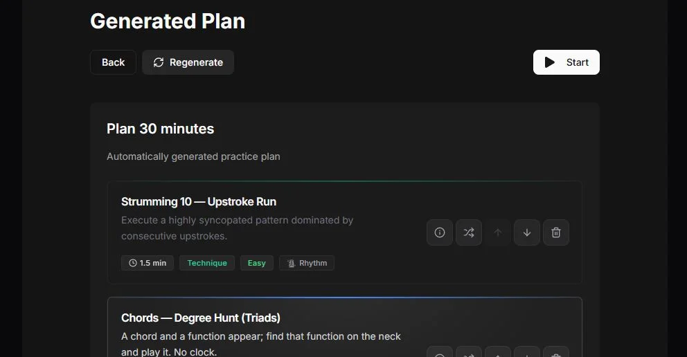 Generated guitar practice plan with exercise controls: Plan 30 minutes, Regenerate and Start buttons, and the first exercise Strumming 10 — Upstroke Run