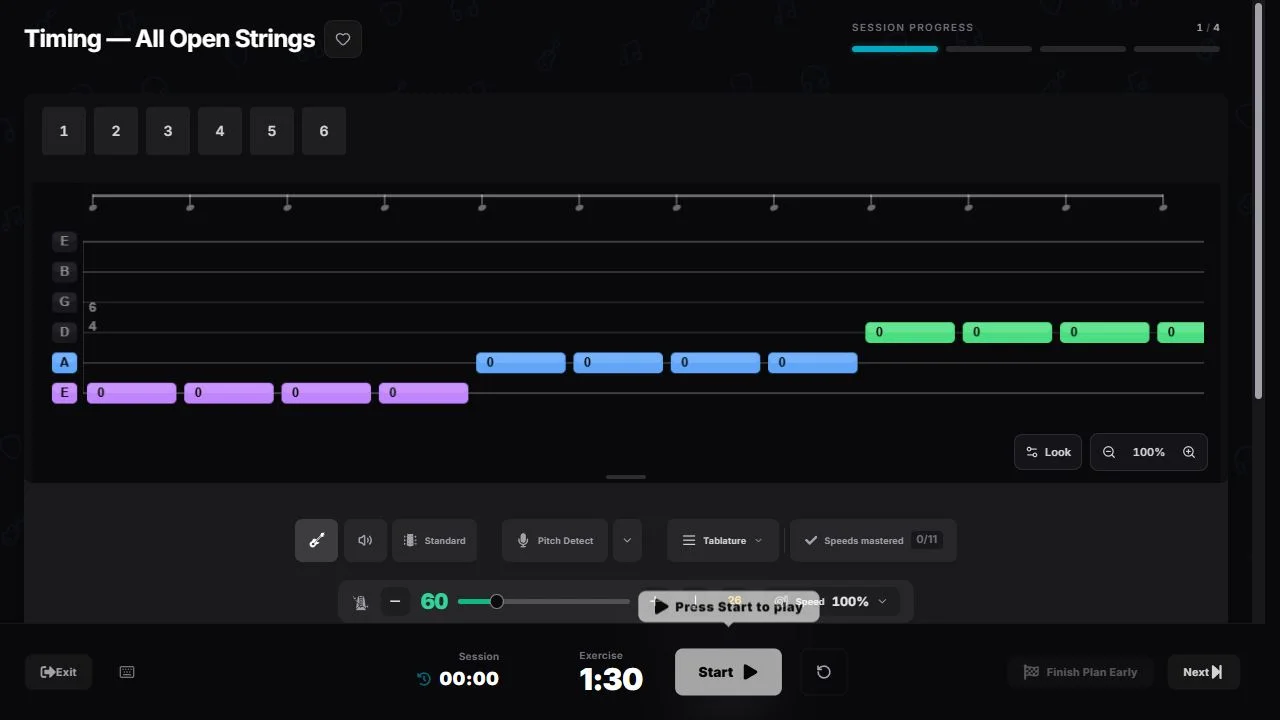 First exercise in an ordered guitar practice routine, with the session progress bar showing step 1 of 4