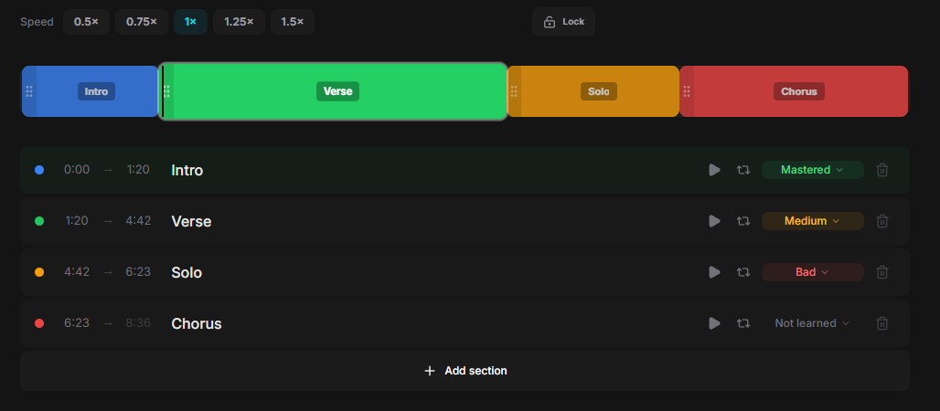 Song section tracker: loop a section, see per-section progress (Mastered, Medium, Bad, Not learned) across Intro, Verse, Solo, and Chorus