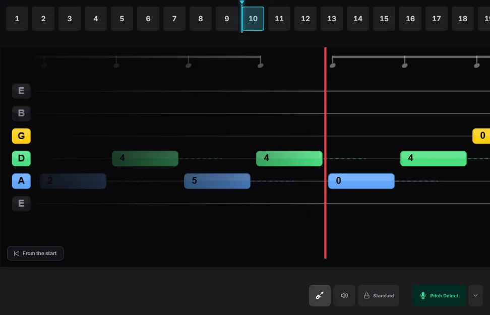 Tablature lighting up in real time as pitch detection recognizes the notes being played