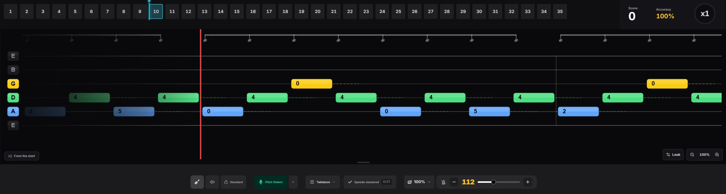 Tablature lighting up in real time as pitch detection recognizes the notes being played