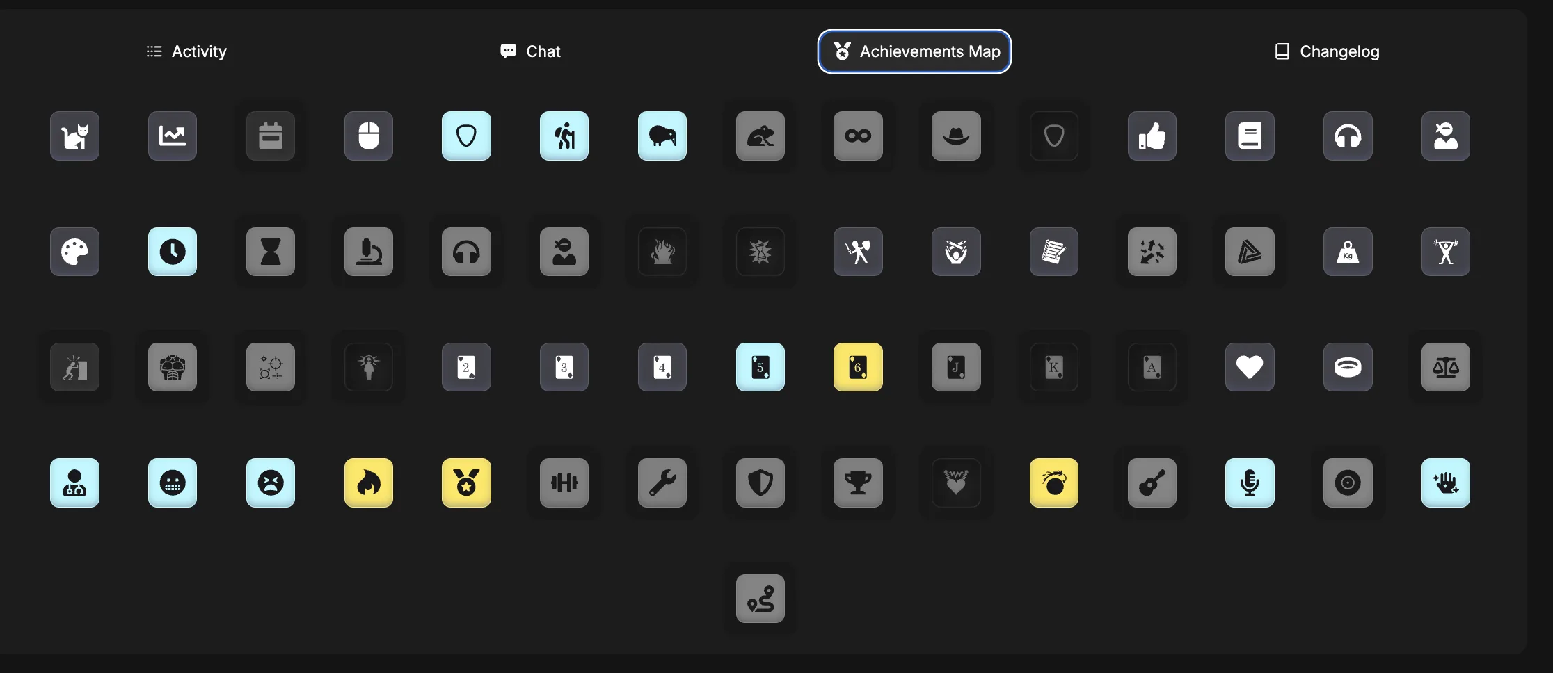 The Achievements Map: a grid of badge icons, a handful lit up in cyan and gold, the rest greyed out and still locked