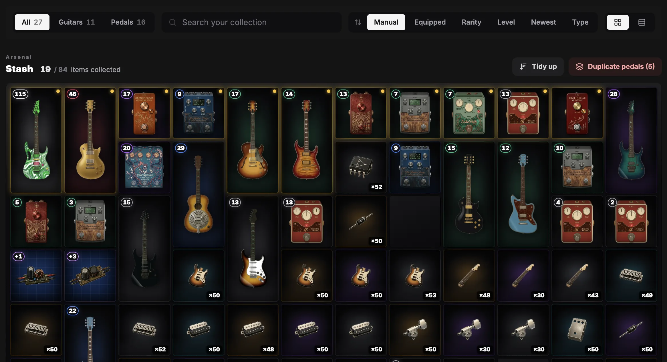 The Arsenal stash board: a dense grid of sockets holding guitars, pedals, pickups and parts, each tinted by rarity with its item level in the top corner and stacked parts showing a count