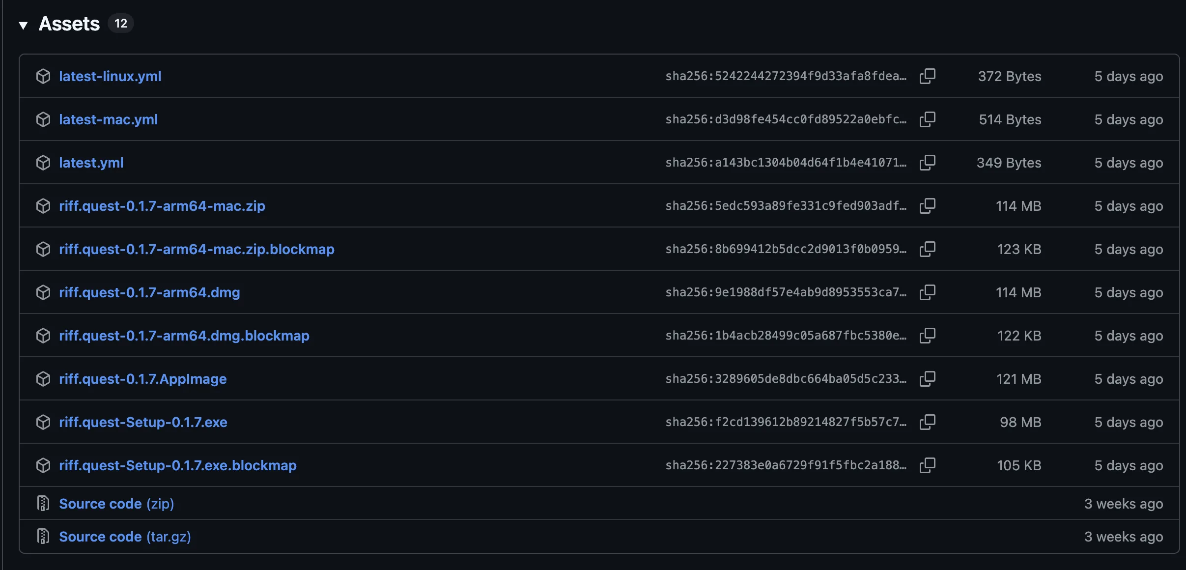 The Assets list on a GitHub release, holding twelve entries: latest-linux.yml, latest-mac.yml, latest.yml, riff.quest-0.1.7-arm64-mac.zip, riff.quest-0.1.7-arm64.dmg, riff.quest-0.1.7.AppImage, riff.quest-Setup-0.1.7.exe, several .blockmap files and the source code archives