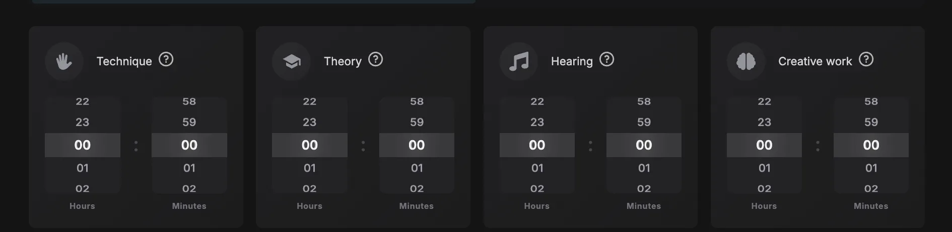 The four category cards on the log form, side by side: Technique, Theory, Hearing and Creative work, each with its own icon, a question-mark button and a pair of hours and minutes wheels