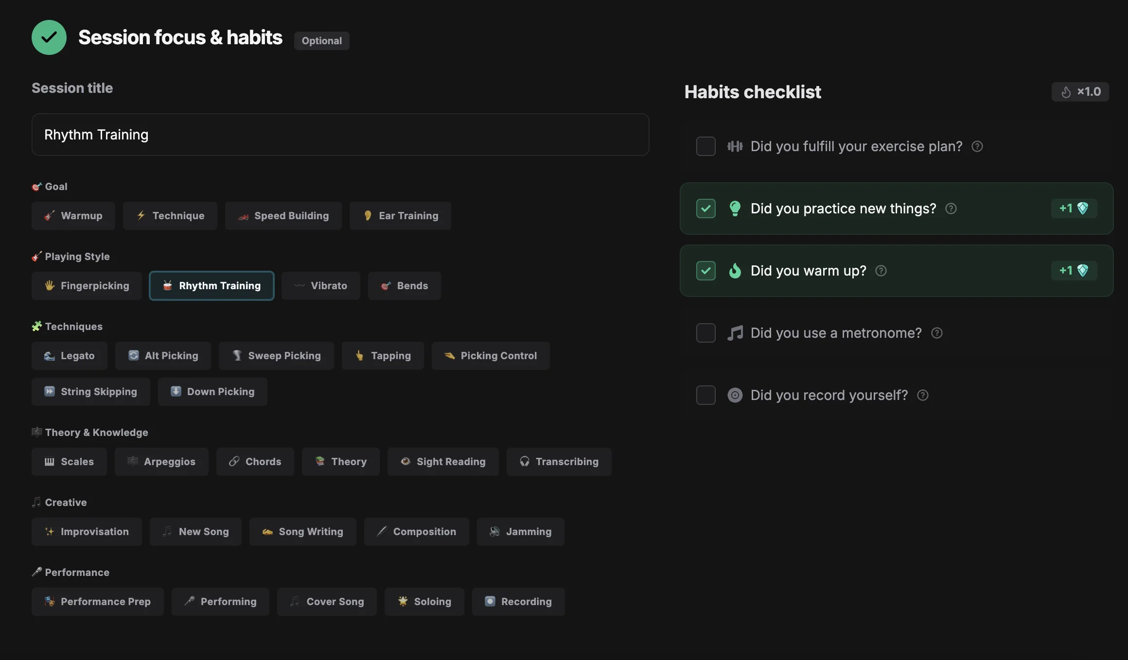 The 'Session focus & habits' step: a session title, tag groups for goal, playing style, techniques, theory, creative and performance, and a habits checklist with two boxes ticked