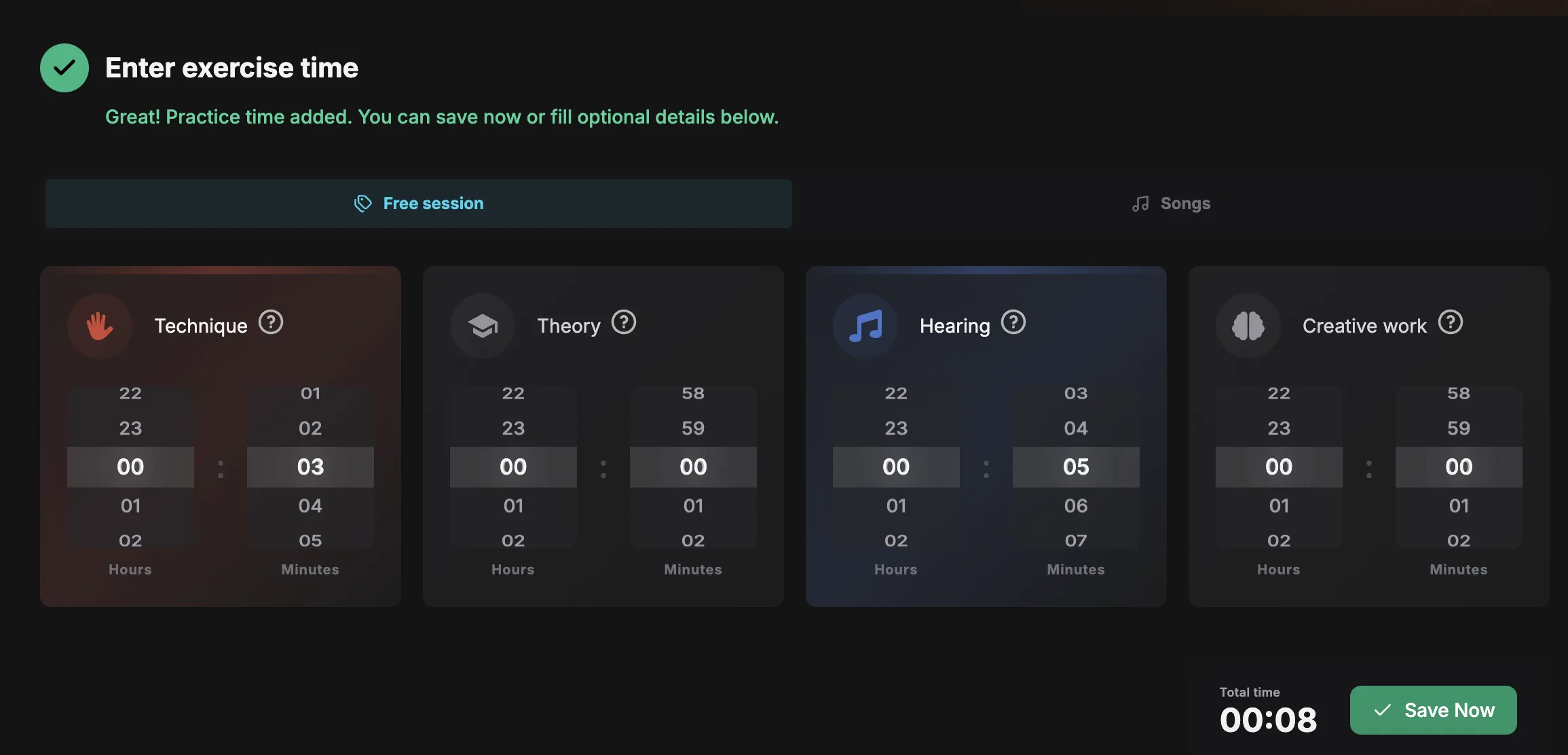 The 'Enter exercise time' step: three minutes on Technique, five on Hearing, eight minutes in total, with a Save Now button