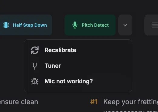 The session toolbar: a tuning button reading Half Step Down, a green Pitch Detect button, and an open menu listing Recalibrate, Tuner and 'Mic not working?'
