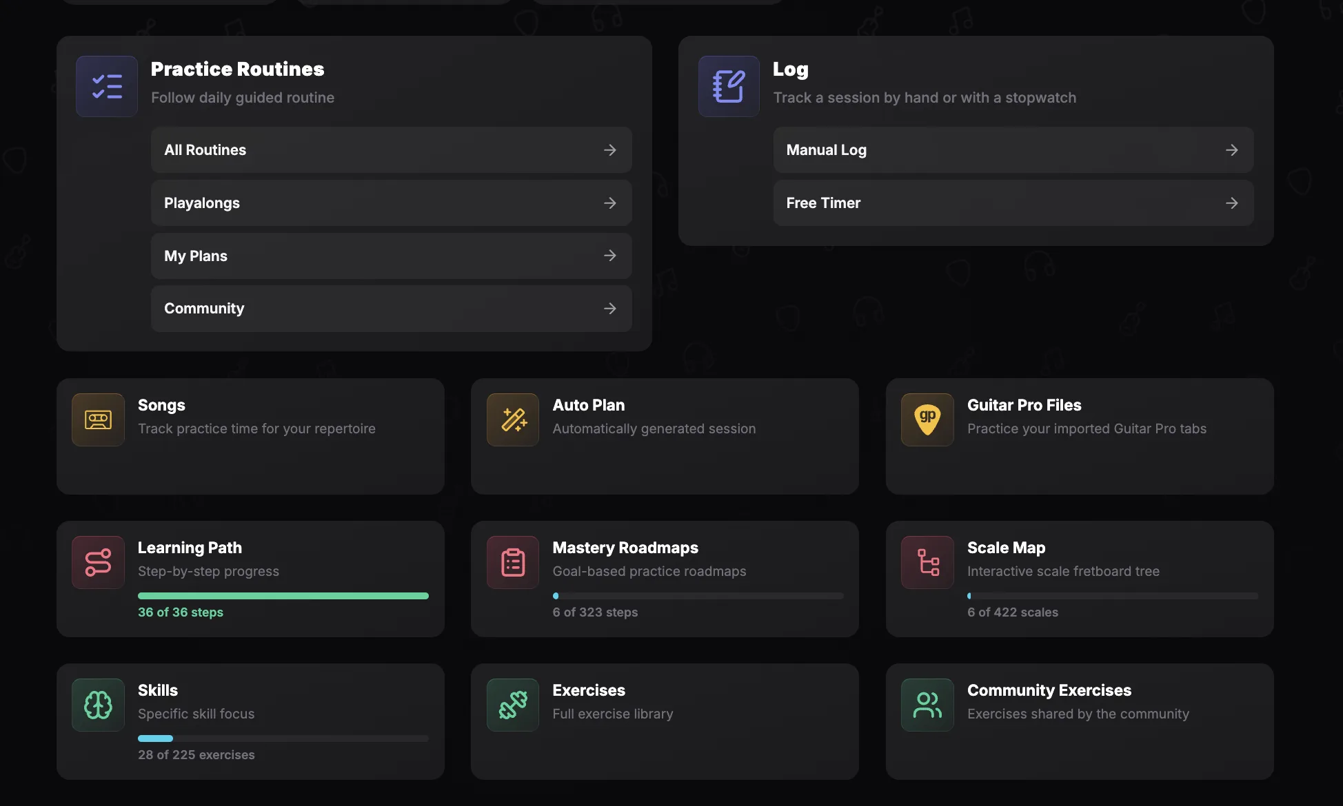 The Practice screen: a Practice Routines card listing All Routines, Playalongs, My Plans and Community, a Log card with Manual Log and Free Timer, then tiles for Songs, Auto Plan, Guitar Pro Files, Learning Path, Mastery Roadmaps, Scale Map, Skills, Exercises and Community Exercises